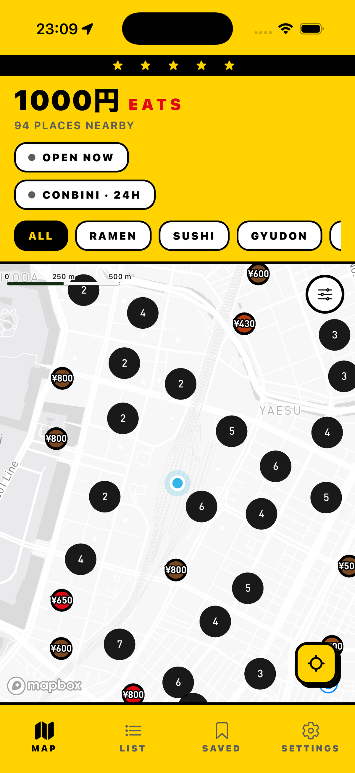 1000Yen Eats map screen, 94 restaurants nearby in Tokyo, price on each pin