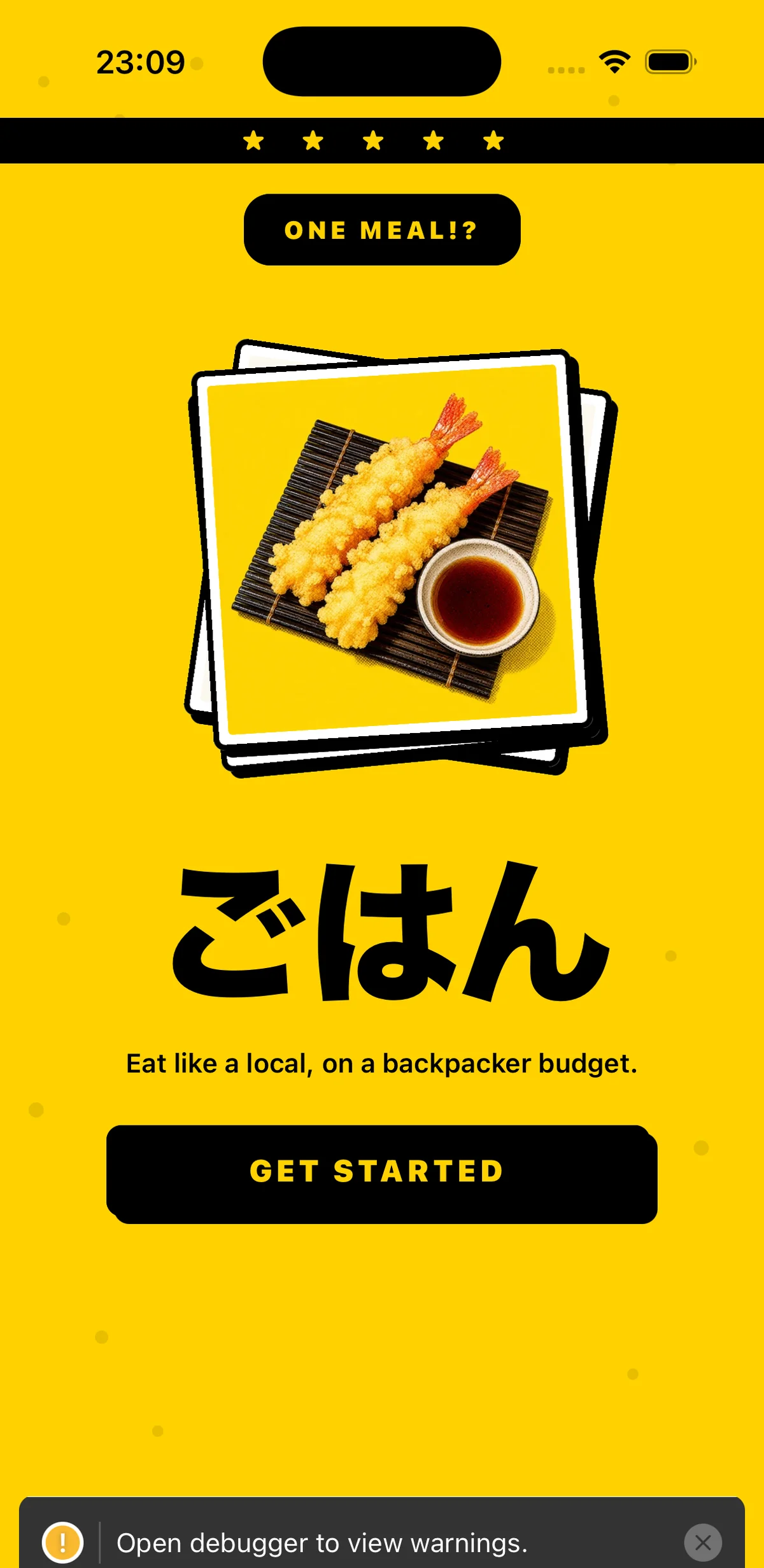 1000Yen Eats welcome screen, polaroid food photo, Get Started button